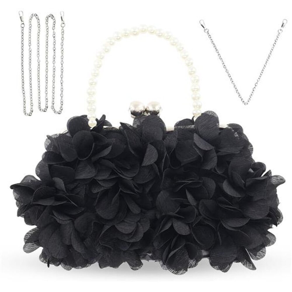 Elegant Black Evening Purse Small Floral Clutch Bag with Detachable Chain Strap